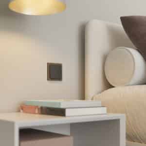 ABB zeigt einen Busch-Jaeger Schalter mit anthrazit Wippe und Holz-Rahmen in einem Wohnzimmer.