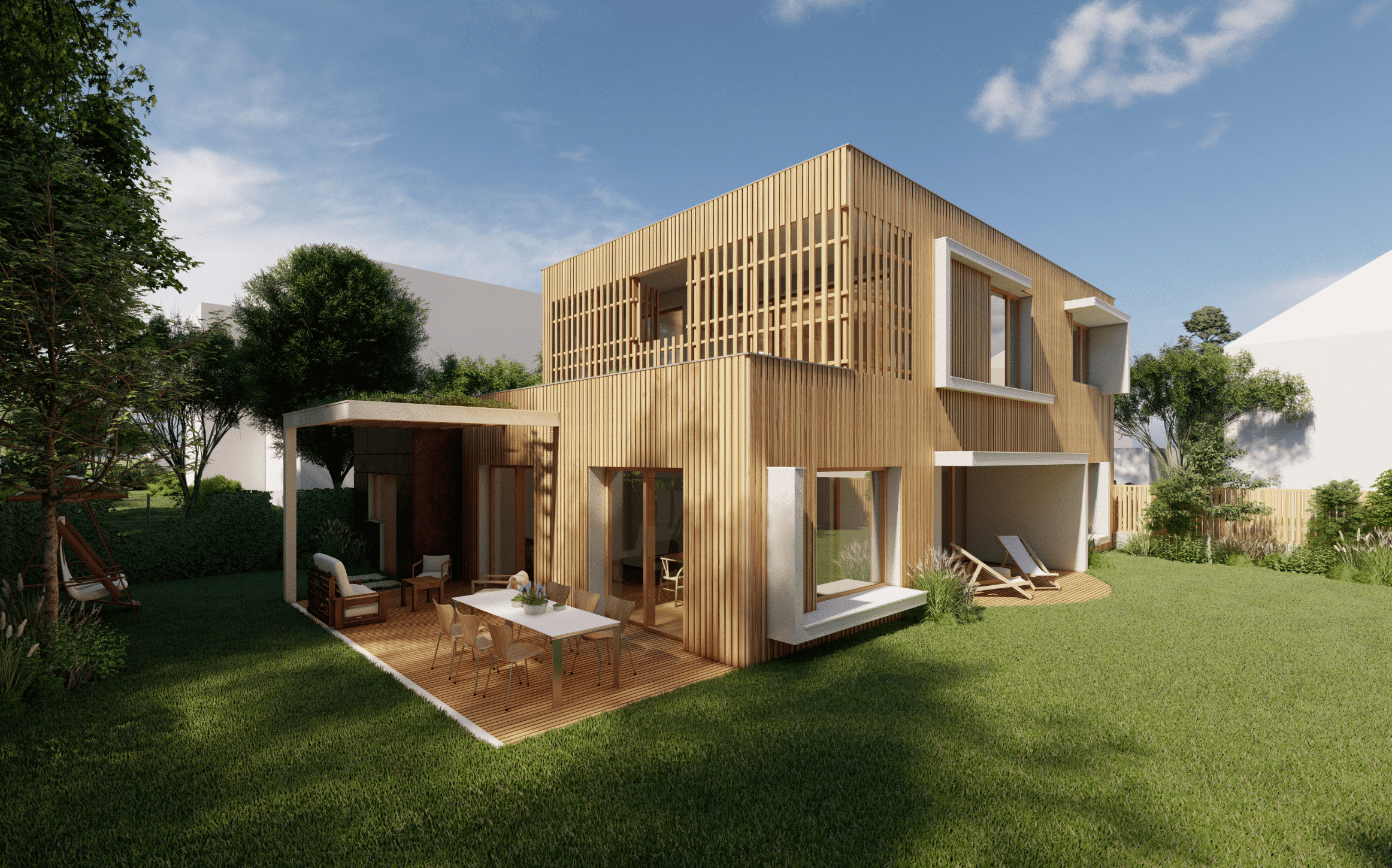 Einfamilienhaus mit Balkon, überdachter Terrasse, Garten und Fassadenelementen aus Holz von AL Architekt ZT.