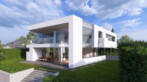 Flachdachvilla in Weiss, mit großflächigen, in Aluminiumrahmen eingefassten Glasfassadenelementen und passendem Balkongeländer von AL Architekt ZT GmbH.