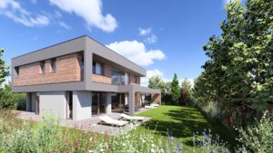 Flachdachvilla mit Fassadenelementmix aus Holzfassade und hell- und dunkelgrauem Putz, bodentiefen Fenstern und Terrassentüren, Pergola und Gartenfläche von AL Architekt ZT GmbH.