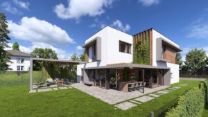Flachdachvilla mit Fassadenelementmix aus Holzfassade und hell- und dunkelgrauem Putz, bodentiefen Fenstern, Terrassenschiebetüren und 2 Pergolas mit Lamellendach mit Outdoormöbeln von AL Architekt ZT GmbH.