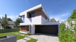 Eine moderne verschachtelte Villa mit Flachdach, überdachtem Eingangsbereich, Garage, und Aussenfassadenelementen aus Holz von AL Architekt ZT GmbH.