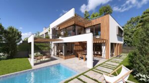 Moderne, verschachtelte Villa mit Fassadenelementen aus Holz, überdachten Terrassenbereichen, Pergola mit Lamellendach und einer Wendeltreppe als Aussenaufgang von Terrasse zu Balkon und Dachterrasse von AL Architekt ZT.