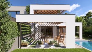 Moderne, verschachtelte Villa mit Fassadenelementen aus Holz, überdachten Terrassenbereichen mit Outdoor-Möbeln, Pergola mit Lamellendach und einer Wendeltreppe als Aussenaufgang von Terrasse zu Balkon und Dachterrasse von AL Architekt ZT.
