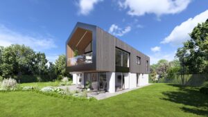 Moderne Villa in L-Form mit Kombinationsdach und einer vertikalen Fassadenverkleidung aus Holz, mit einem Balkon mit Nurglasgeländer, bodentiefer Verglasung, Garten und überdachter Terrasse von AL Architekt ZT.