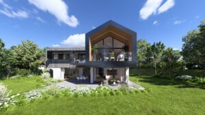 Moderne Villa in L-Form mit Kombinationsdach und einer vertikalen Fassadenverkleidung aus Holz einem freitragendem Balkon bodentiefer Verglasung, Garten und überdachter Terrasse von AL Architekt ZT.