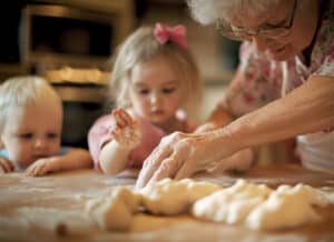 Szene einer ergonomischen Familienküche mit Großmutter und Kindern beim Kekse­backen und Teigkneten von ALPHAOMEGA.