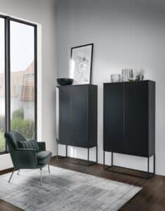 Ein modernes Wohnzimmer mit minimalistischen schwarzen Hochschränken und klarer, schlichter Gestaltung von ALPHAOMEGA.