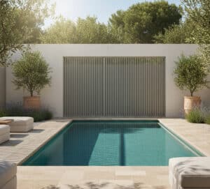 Eleganter und dezenter Sichtschutz von ALURE Outdoorliving vor einer Terrasse und einem Pool.