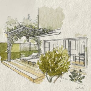 ALURE Outdoorliving zeigt eine Visualisierung einer Terrasse mit Outdoormöbel mit einer Pergola aus Aluminium, die mit schattenspendenden Pflanzen bewachsen ist.