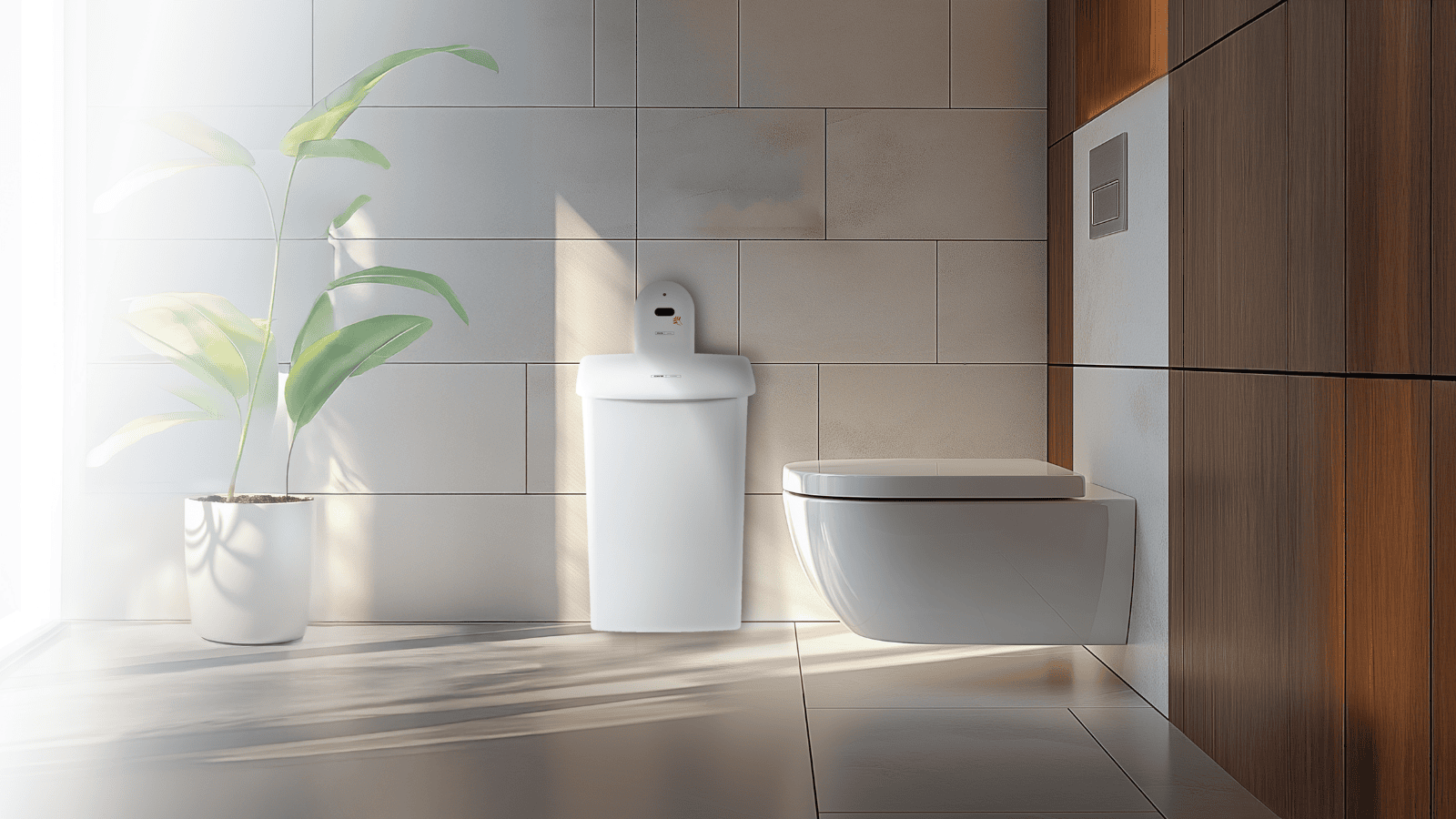 Hygienebehälter mit Touch-Sensor von CWS neben einer Toilette.