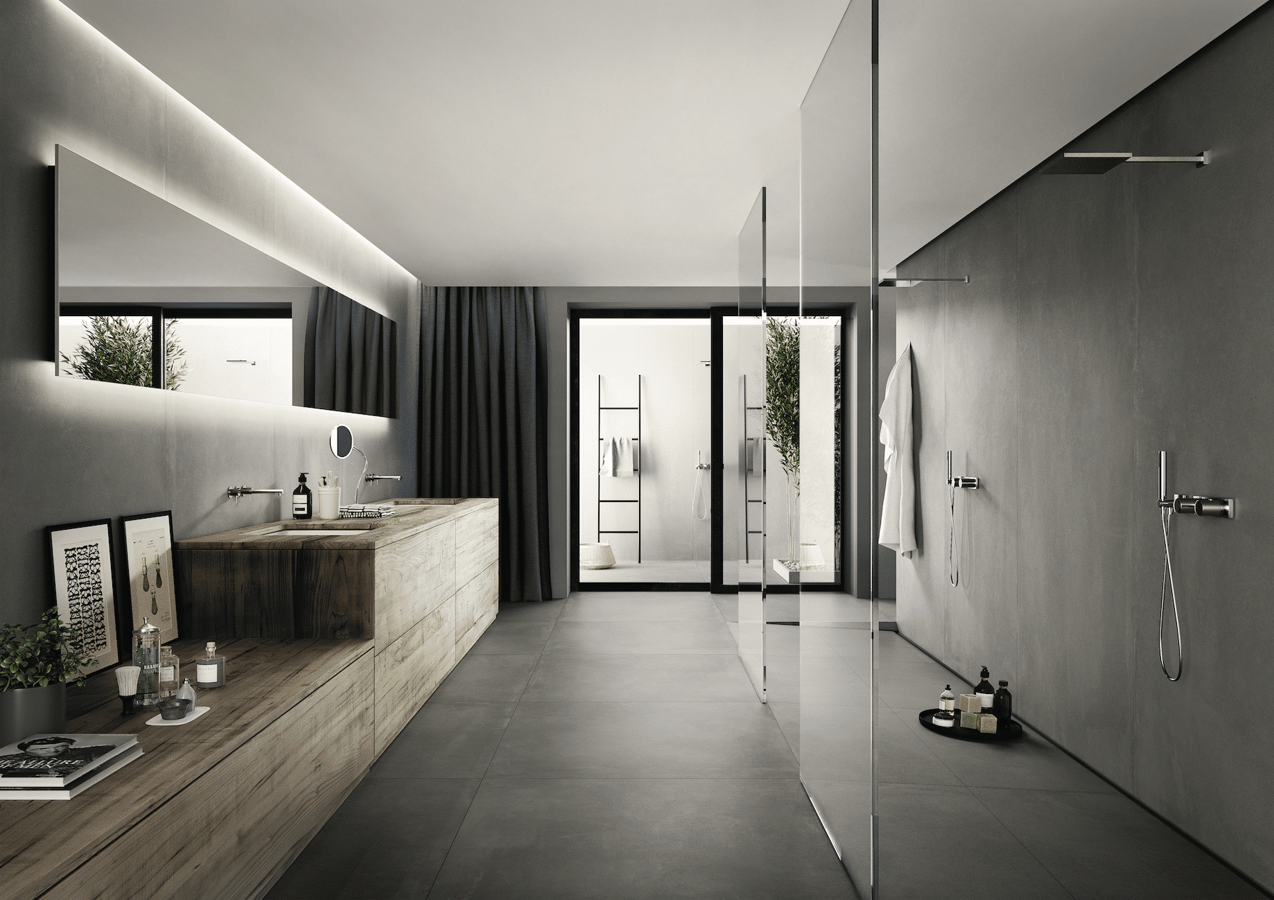 Edles Bad mit Waschbeckenschrank aus Holz und Walkin-Dusche mit großformatigen Boden- und Wandfliesen von Fliesendorf.
