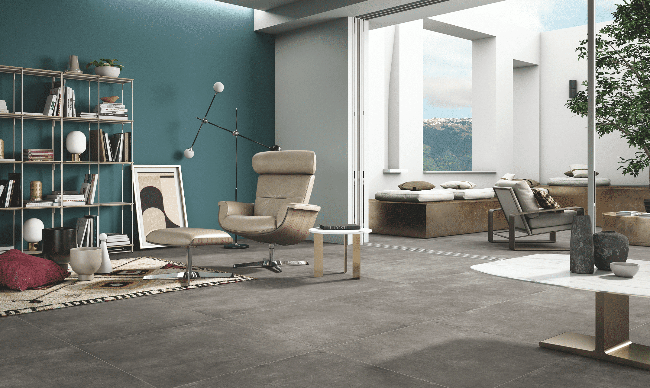 Fliesendorf zeigt ein modernes Wohnzimmer mit grauem Fliesenboden mit angrenzender Terrasse mit offenem Dach einer Sitzlounge und gemütlichen Sesseln.
