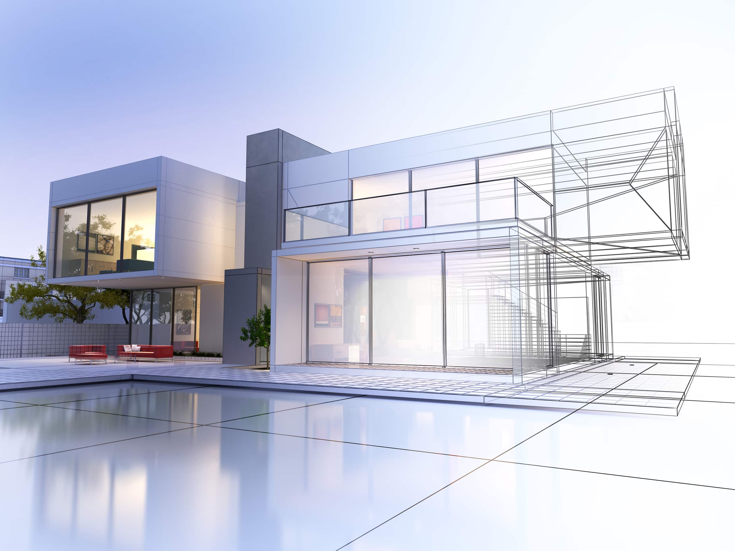 Moderne Villa mit Flachdach, Terrasse und Pool, die zum Teil aus einer Visualisierung besteht.