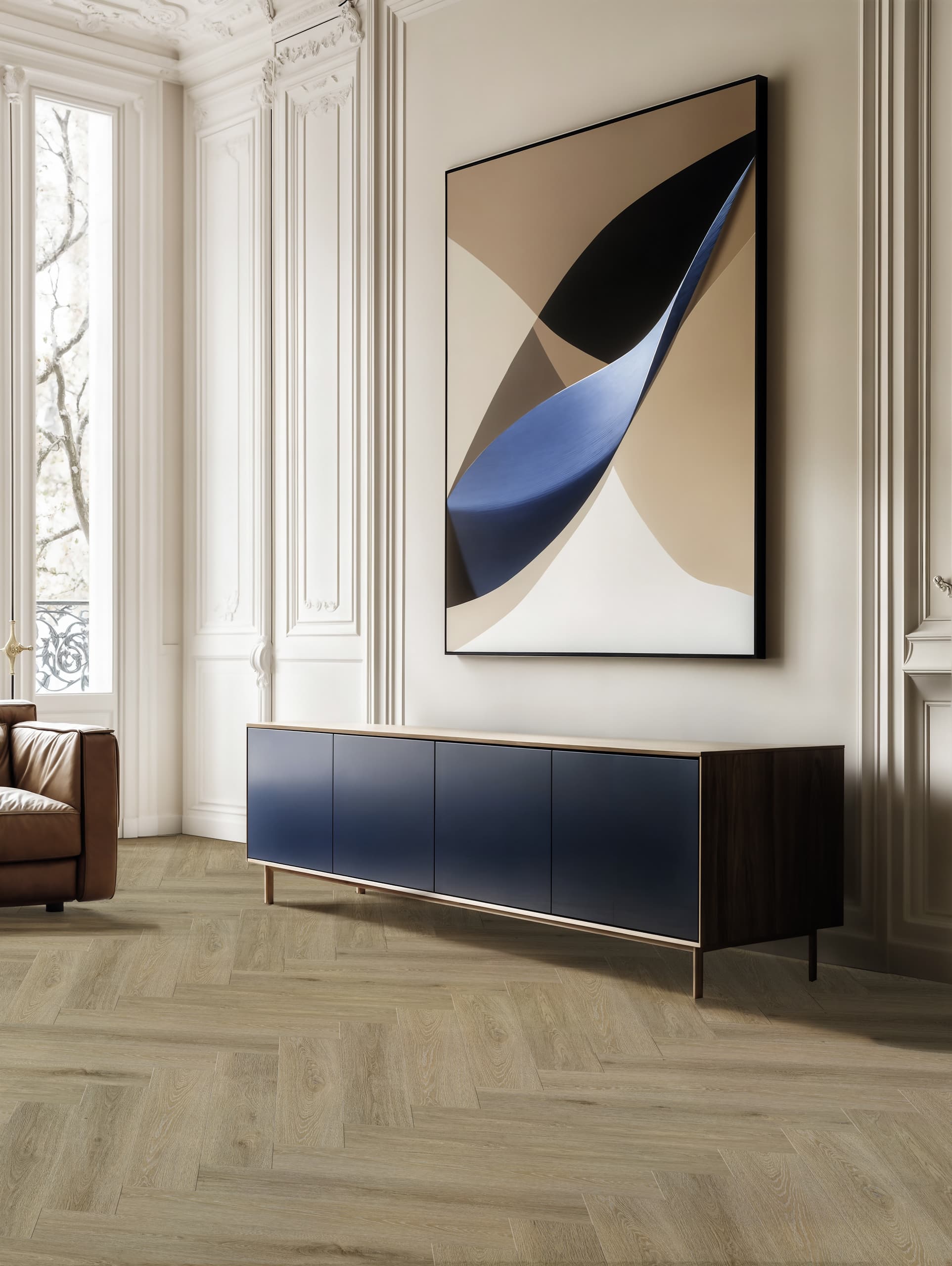 Gerflor zeigt einen Design-Bodenbelag in Holzoptik in einer eleganten Altbauwohnung.