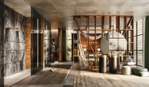 GESSI präsentiert ein großes offenes Spa mit Regenduschen und Handduschen in gold und freistehenden Waschbeckensäulen mit freistehenden Armaturen in gold.