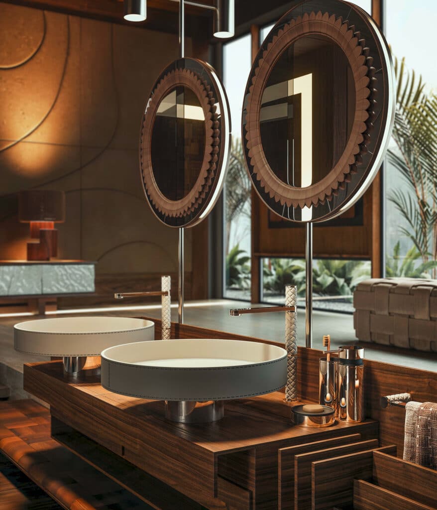 Gessi präsentiert ein luxuriöses Badezimmer mit Doppelwaschtisch und freistehenden Wasserhähnen in Gold und Weiß mit Gitterstruktur.