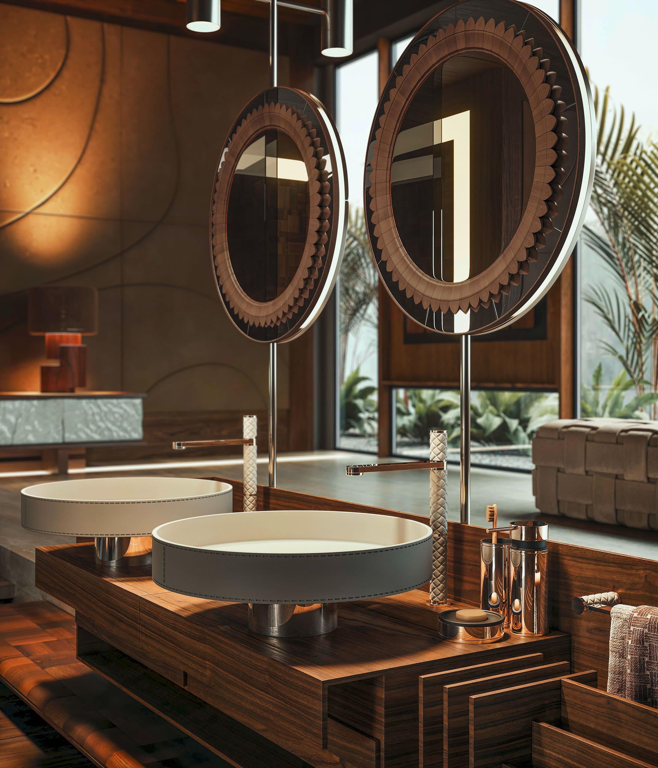 Gessi präsentiert ein luxuriöses Badezimmer mit Doppelwaschtisch und freistehenden Wasserhähnen in Gold und Weiß mit Gitterstruktur.