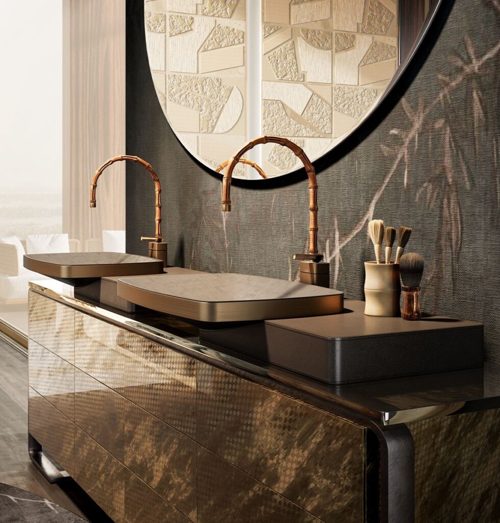 Gessi zeigt ein exclusives Badezimmer mit Doppelwaschtisch und Armaturen der Kollektion Jacqueline aus Bambuswurzeln.