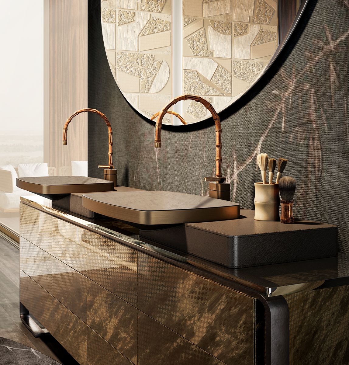 Gessi zeigt ein exclusives Badezimmer mit Doppelwaschtisch und Armaturen der Kollektion Jacqueline aus Bambuswurzeln.