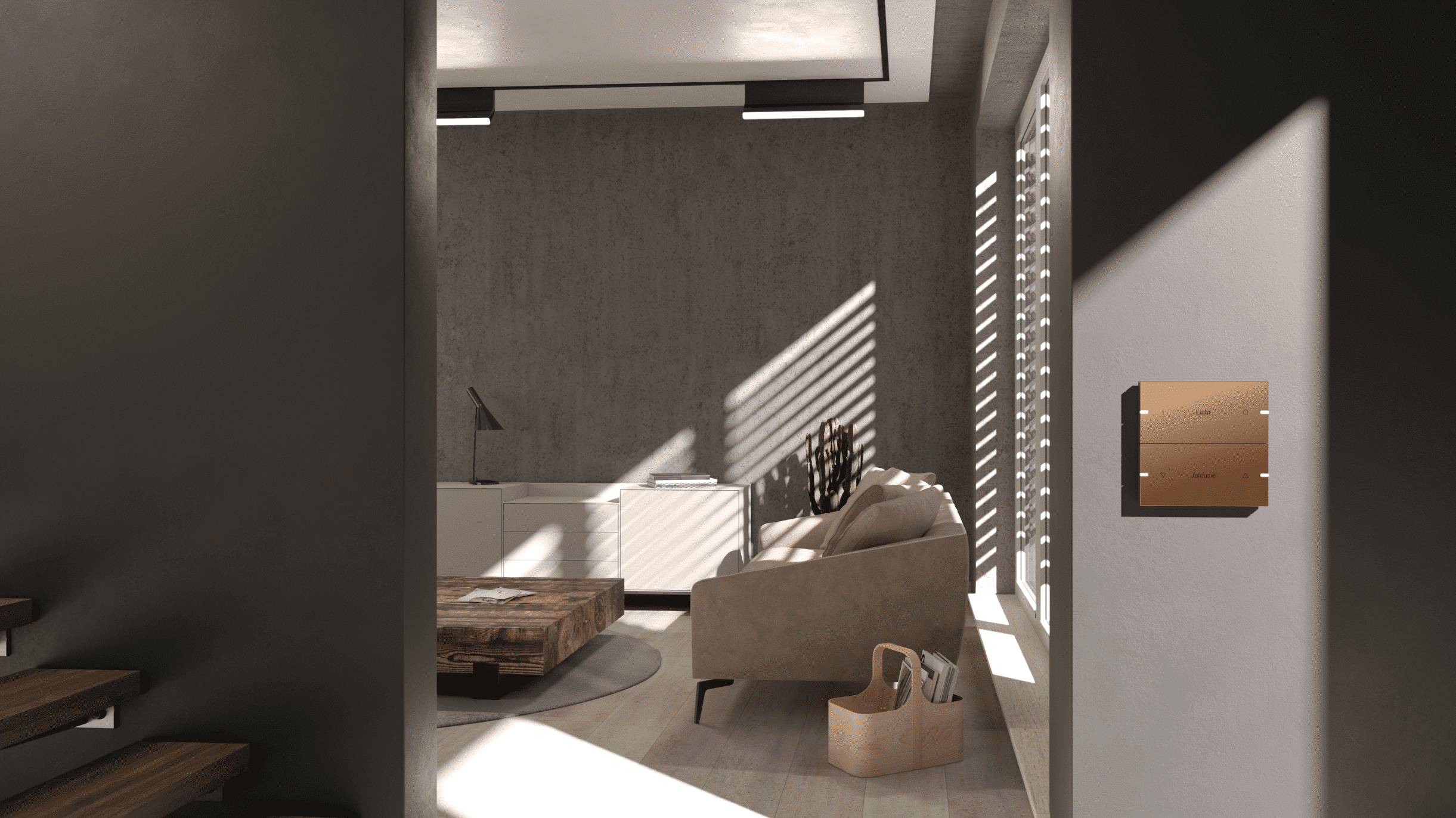 Gira zeigt das TS4-Schaltersystem in Bronze, an der Wand eines in Brauntönen eingerichteten Wohnzimmer.