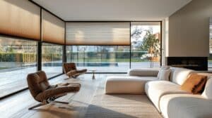 Wohnzimmer mit weisser Couch, Loungsesseln, bodentiefer Eckverglasung mit schwarzem Alu-Rahmen und Plissees in einem hellen Braunton von Haderer.