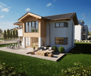 Hartl Haus zeigt Einfamilienhaus mit Zwerchdach, zum Teil mit Holzfassade und einer großen Terrasse mit Stufen in den Garten.