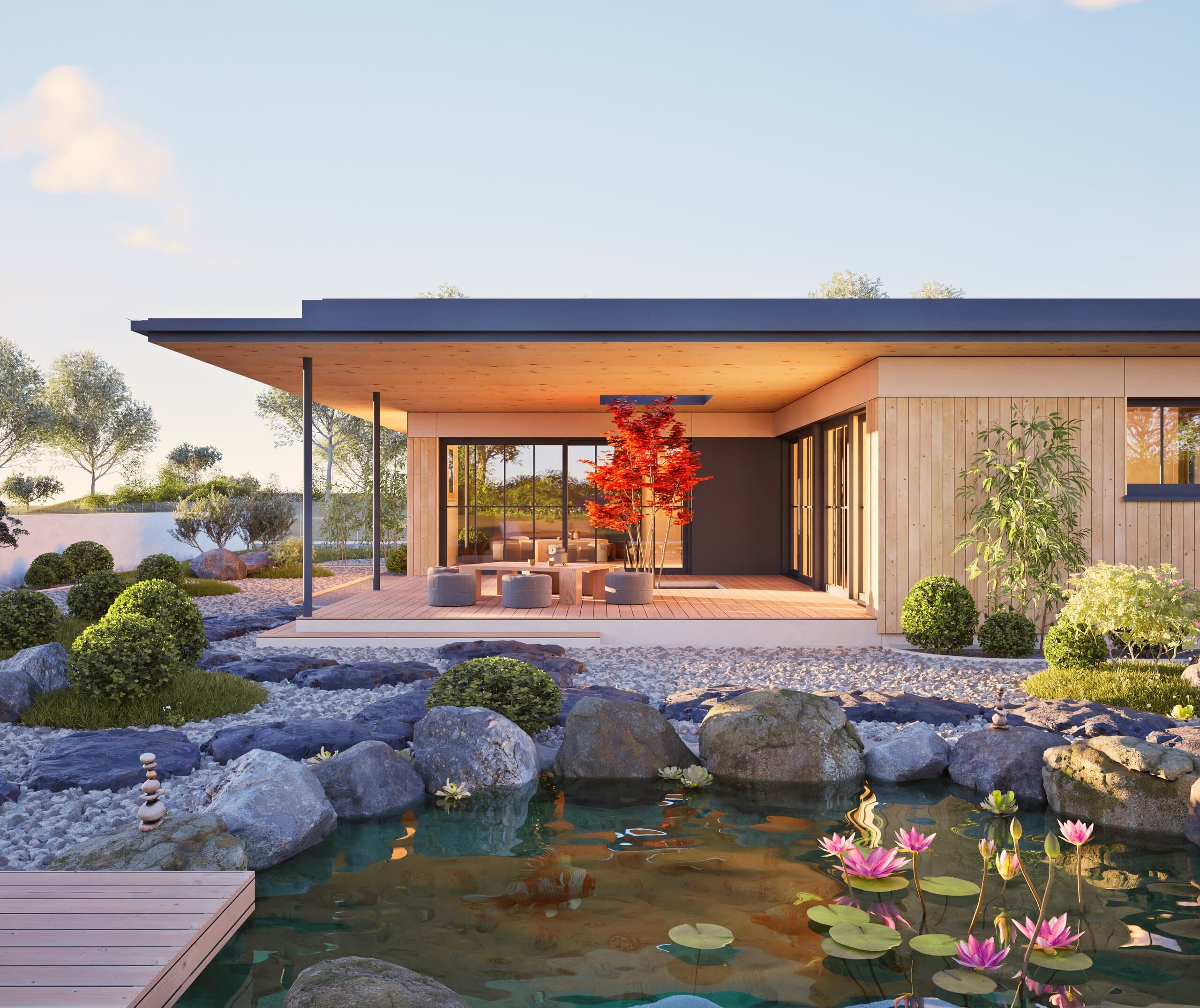 Ein Flachdachbungalow mit Holzfassade, Biotop, Zengarten, überdachter Terrasse mit japanischen Teemöbeln und einer Dachöffnung durch die ein roter japanischer Fächerahorn entwächst von HARTL HAUS.