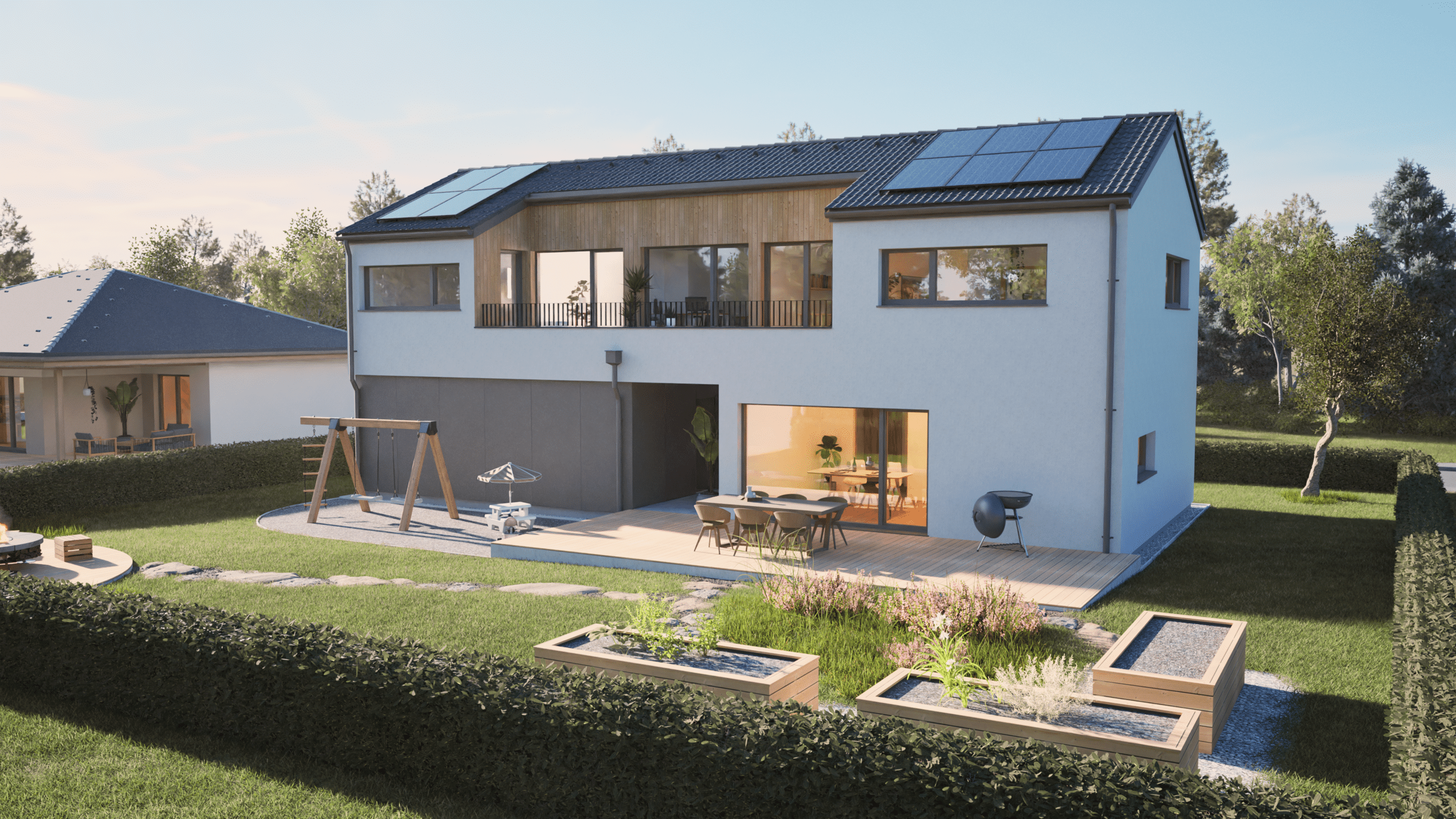 Ein Einfamilien- bzw. Mehrgenerationenhaus mit integrierter Garage, Hausdurchgang von der Straße zum Garten, einem großen Balkon, Terrassenpodest und einem Garten mit Spielplatz und Hochbeeten von HARTL HAUS.
