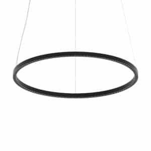 HAWO präsentiert eine große, runde, schwarze Hängeleuchte an drei Drahtseilen mit kleinen LED-Lämpchen.