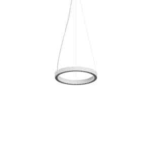 HAWO präsentiert eine runde, weisse Hängeleuchte an drei Drahtseilen mit kleinen LED-Lämpchen und schwarzem Innenraum.