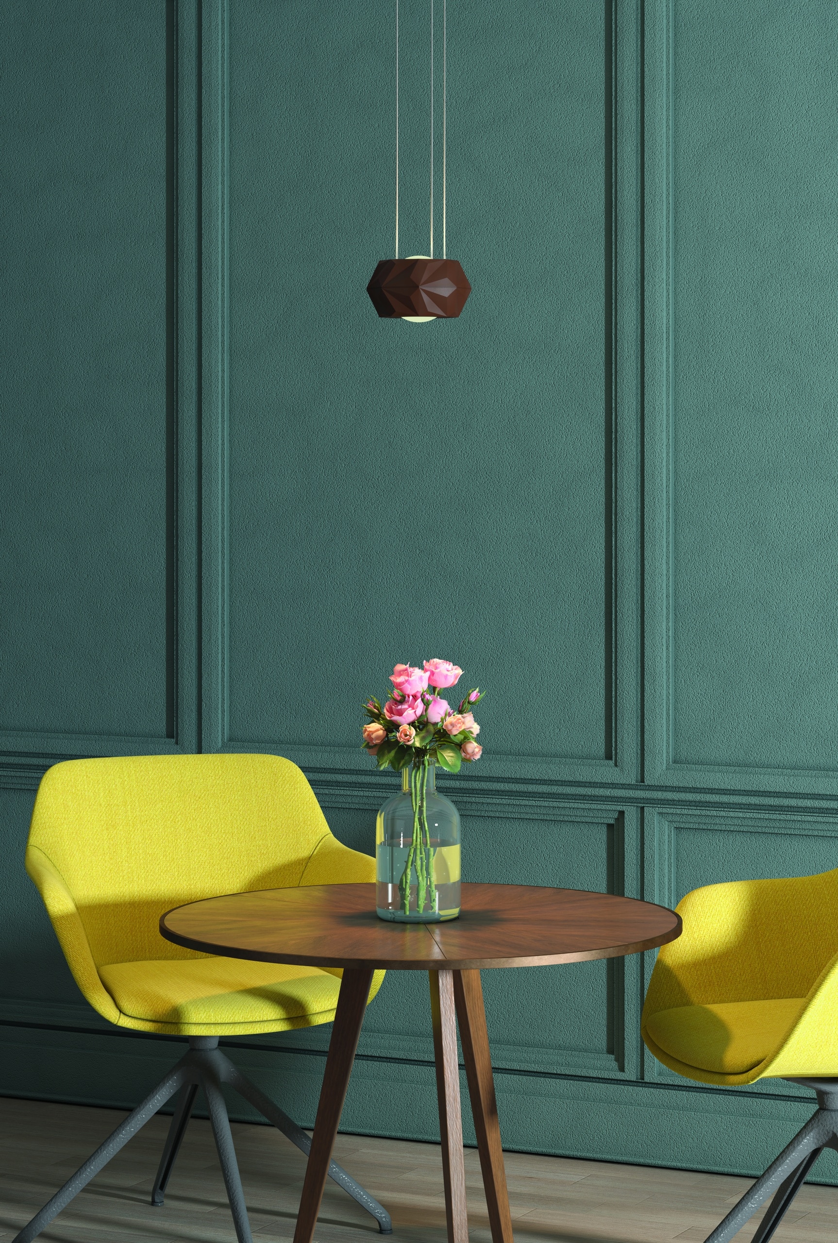 HAWO präsentiert eine Hängeleuchte im elegant schlichten Design in einem Wohnbereich über einem kleinen Tisch.