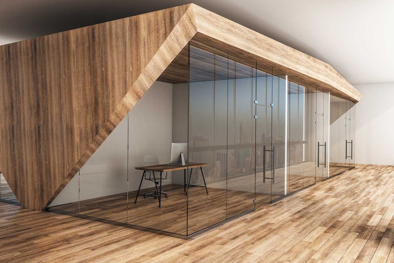Abgetrennte Einzelbüros mit Vollglasfront und Glasschwingtüren und einem kunstvollen Deckenelement aus Holz präsentiert von Glaserei Hohl.