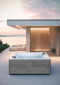 Terrasse mit XL-Steinfliesen und Outdoor-Whirlpool "Kyra" mit Holzummantelung und weissem Innenleben mit schwarzen Nackenstützen bzw. Einstiegshilfen oder Sitzflächen am Rand mit matter Oberfläche von Disenia.