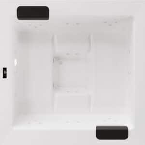 Outdoor-Whirlpool "Kyra" aus der Vogelperspektive in Weiss mit schwarzen Nackenstützen bzw. Einstiegshilfen oder Sitzflächen am Rand mit matter Oberfläche, Touchscreen-Panel und Hydromassagedüsen von Disenia.