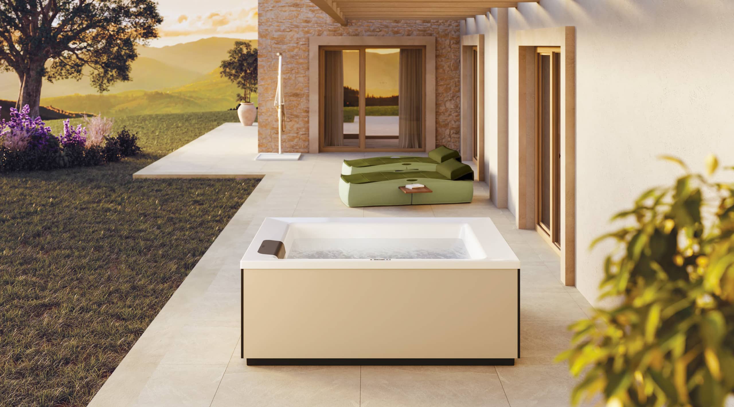 Terrasse mit XL-Steinfliesen, Pergola und Outdoor-Whirlpool "Linos" mit beiger Ummantelung mit schwarzem Sockel und Kantenprofilen und weissem Innenleben mit schwarzer Nackenstütze bzw. Einstiegshilfe oder Sitzfläche am Rand mit matter Oberfläche von Disenia.