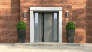 Eine moderne Inotherm-Haustür in Anthrazit mit vertikalem schwarzen Stoßgriff und beidseitigen Seitenlichtfeldern aus satiniertem Glas mit horizontalen Unterteilungen, eingerahmt von einem weißen Gewände mit integriertem Vordach in einer roten Ziegelfassade, flankiert von grauen Wandleuchten und Buchsbaumkugeln in anthrazitfarbenen Pflanzgefäßen auf einem Betonpodest.
