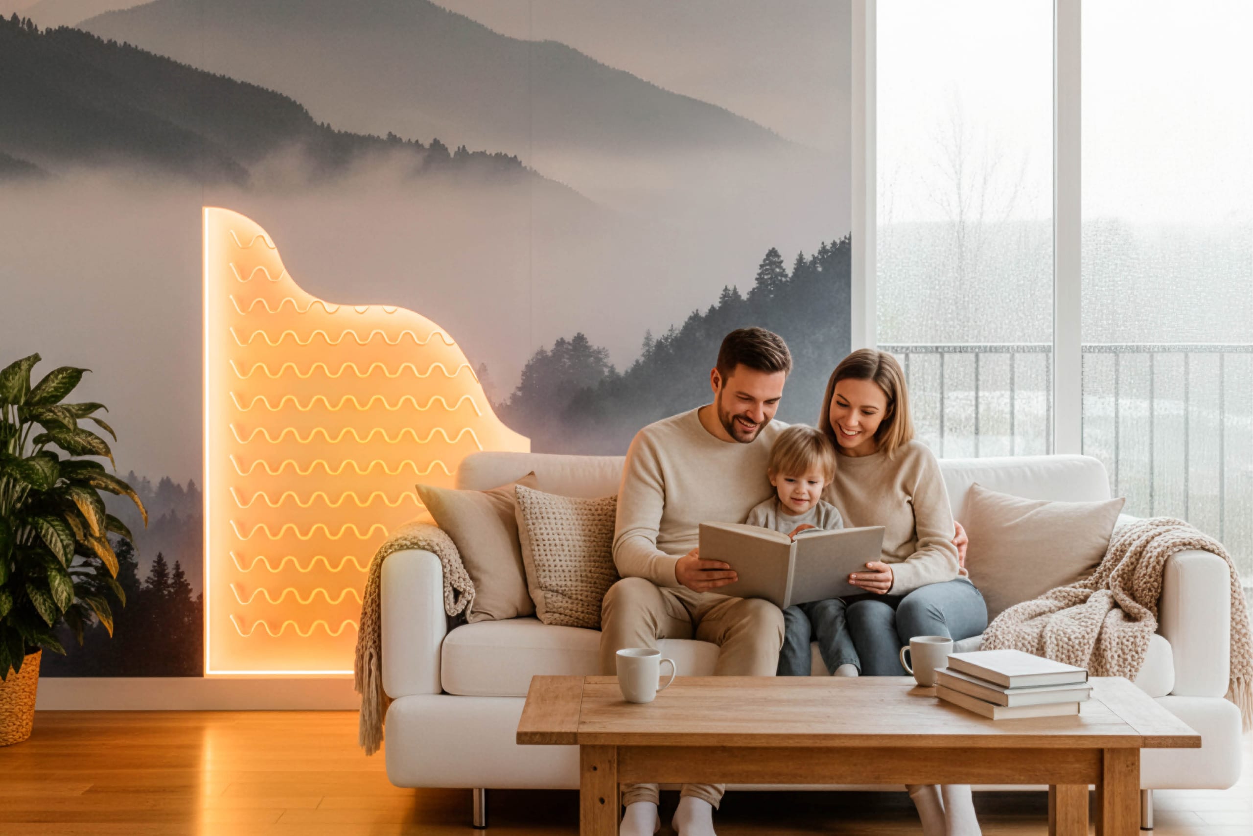 LICO präsentiert die beheizte Wand, die mit einem schönen Foto bedruckt ist, in einem Wohnzimmer.
