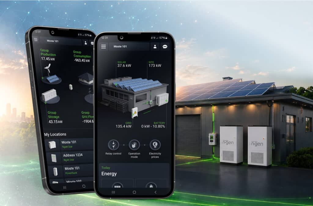 NGEN Austria zeigt die App am Mobiltelefon zur Steuerung des Energiespeichers mittels Photovoltaikanlage auf dem Dach eines Hauses.