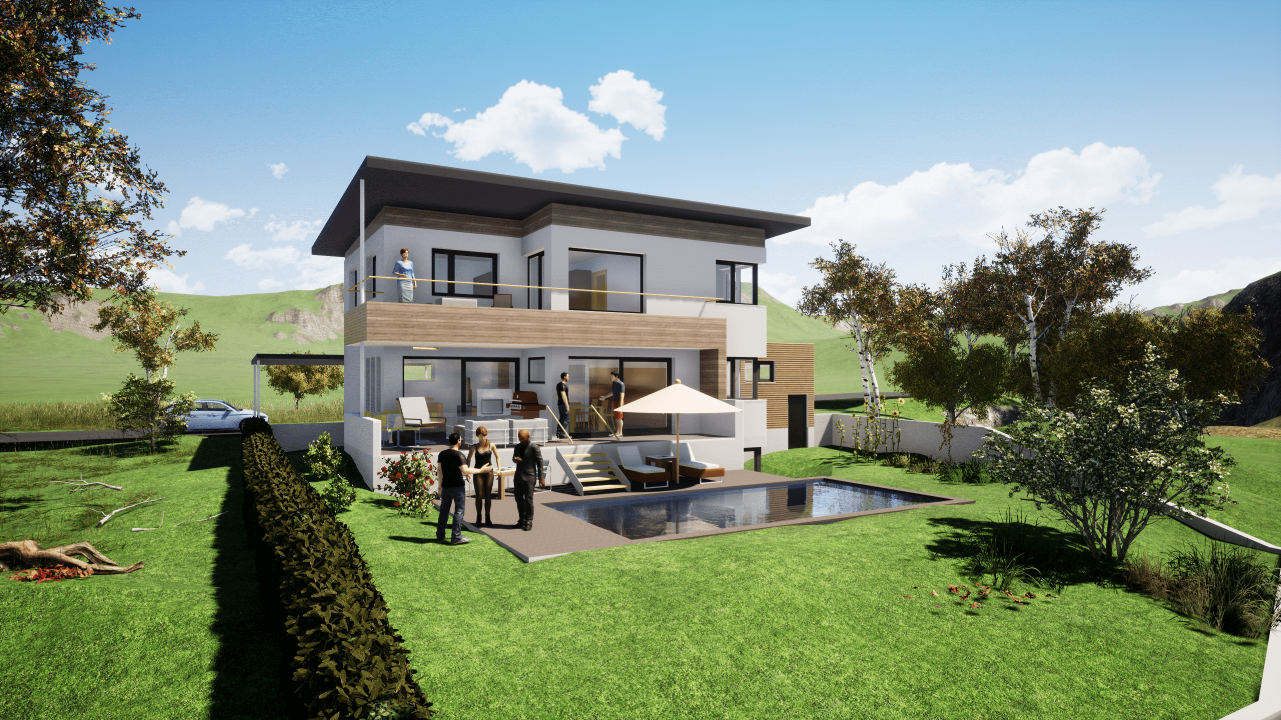 3D Visualisierung eines neuen Einfamilienhauses mit Pools von Planco.