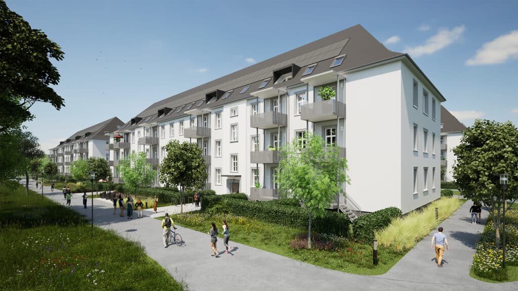 RÖFIX zeigt die Visualisierung von Mehrparteienhäuser des Projekts Hiller Kaserne in Linz.