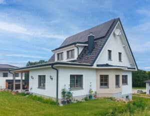 Einfamilienhaus mit Kombinationsdach, dachmontierten Solarpaneelen, Erker, Giebel und einem überdachtem Terrassenbereich von SCE Reisinger.