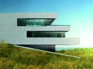 Mehrstöckige moderne Villa aus Sichtbeton mit Fix- und Eckverglasung von SILBER Fensterbau.