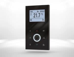 Thermokon Elektronik Components zeigt den Fancoil-/Raumregler JOY in Schwarz.