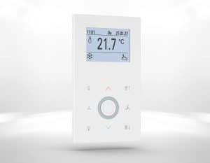 Thermokon Elektronik Components zeigt den Fancoil-/Raumregler JOY in Weiß.