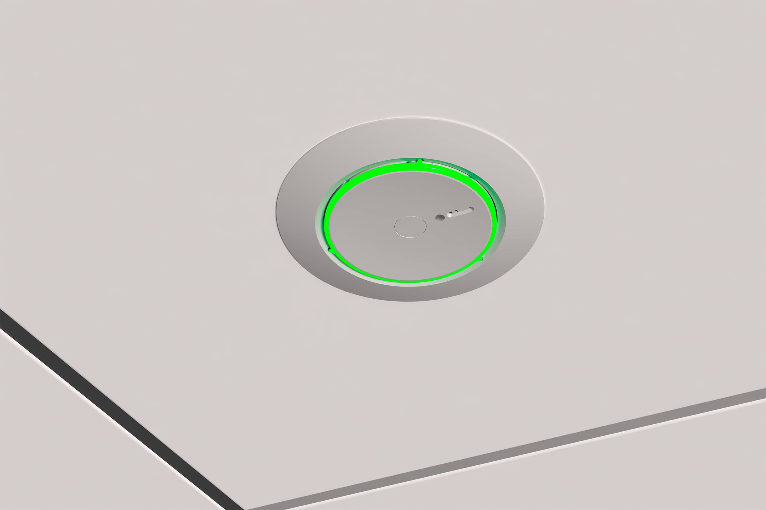 Thermokon präsentiert den in einer Kassettendecke Unterputz montierten Deckensensor thevios 5 mit LED Beleuchtung als leistungsstarken Messwertgeber für die Gebäudeautomation.