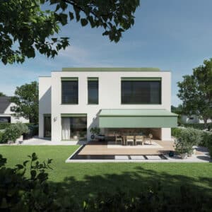 Eine grüne WAREMA Terrassenmarkise Modell TERRA K55 an einem modernen Flachdachhaus.