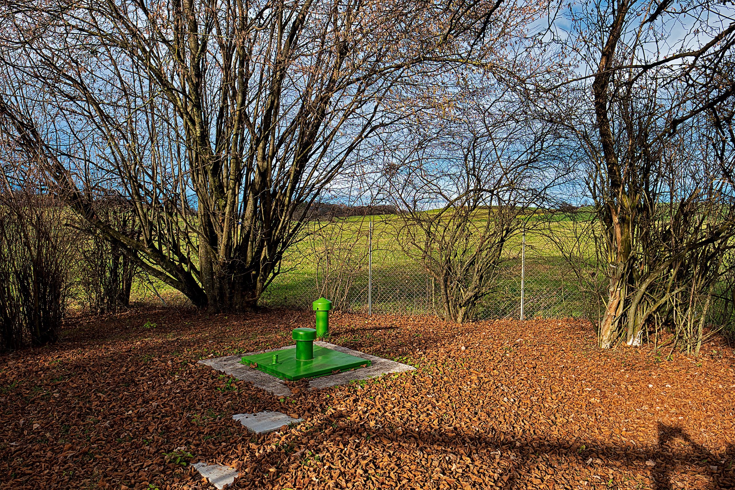 Brunnen zur Trinkwasserversorgung eines Wohngebäudes innerhalb des Grundstückes. Eingezäunt und von Büschen umgeben, der Boden mit Herbstlaub bedeckt.