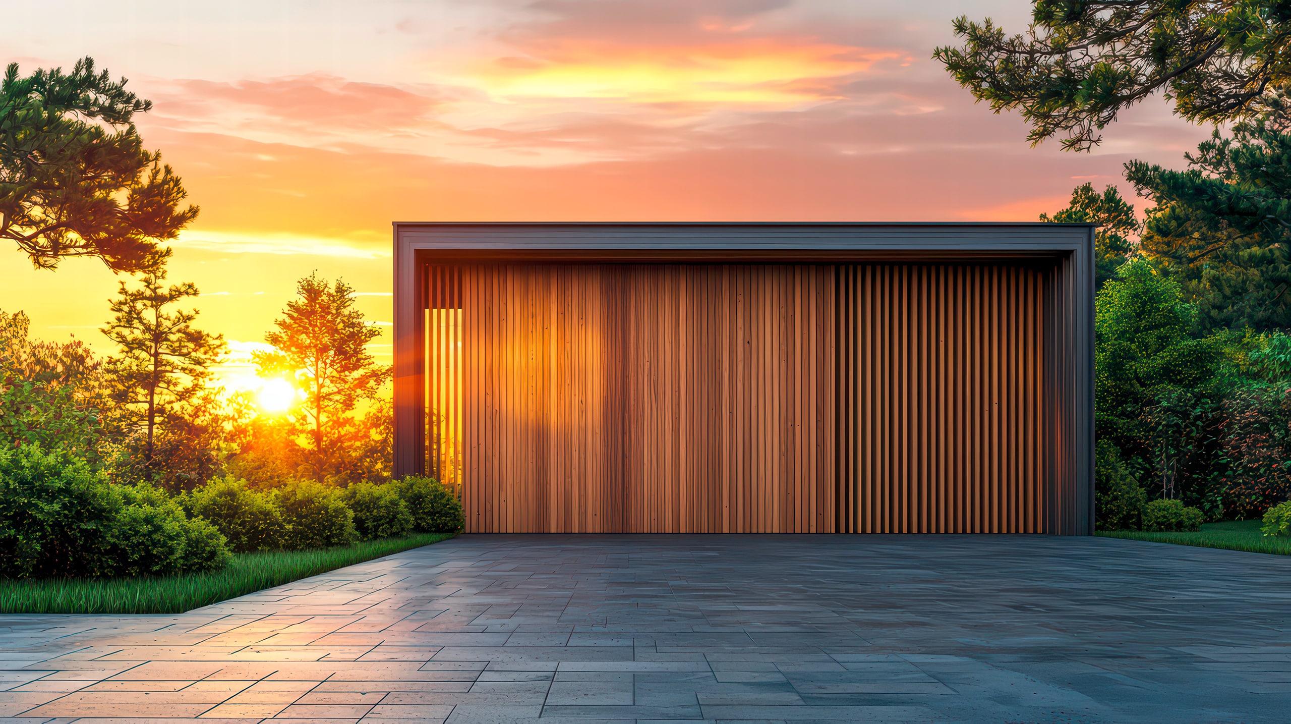 Minimalistische, freistehende Holzgarage mit vertikalen Lamellen, einem schlichten Flachdach und einer warmen, natürlichen Holzmaserung. Der Sonnenuntergang im Hintergrund sorgt für eine gemütliche Atmosphäre.