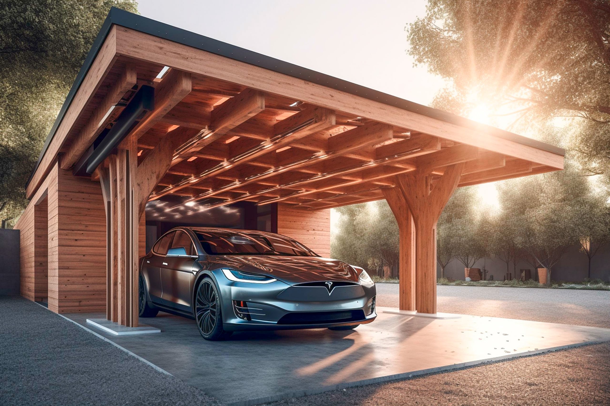 Massiver Carport aus einer ansprechenden Holzkonstruktion mit anschließendem Wohnhaus.